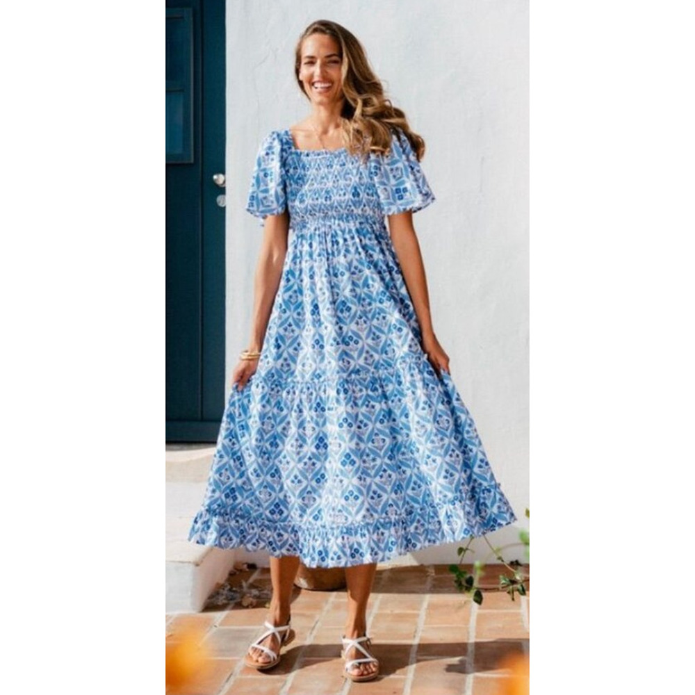 Pink City Prints Tuckernuck Lolita Smocked Midi Dress Blue White Block Cotton L